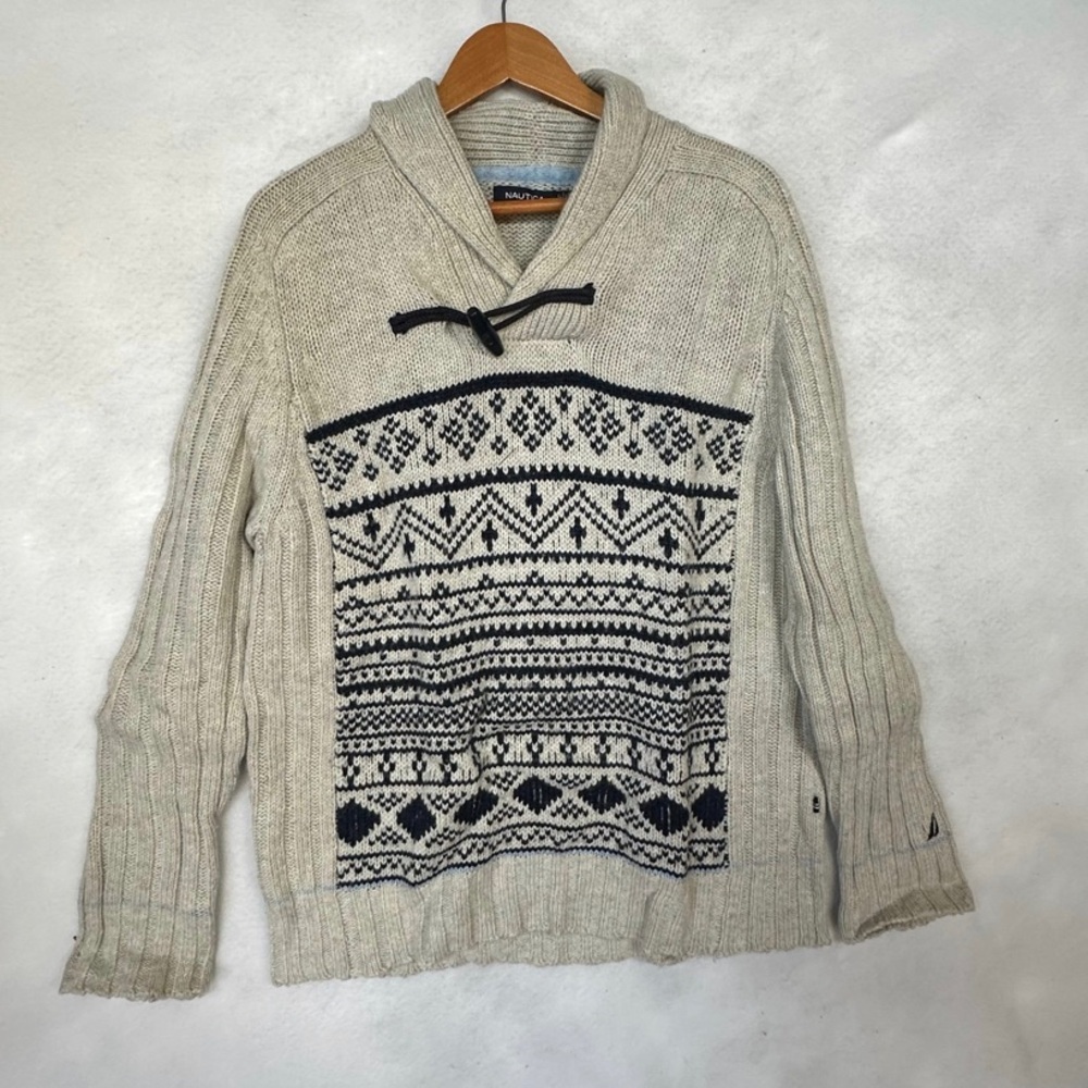 Nautica Sweater Mens Beige Blue Fair Isle Shawl Collar Knit Wool Blend XL